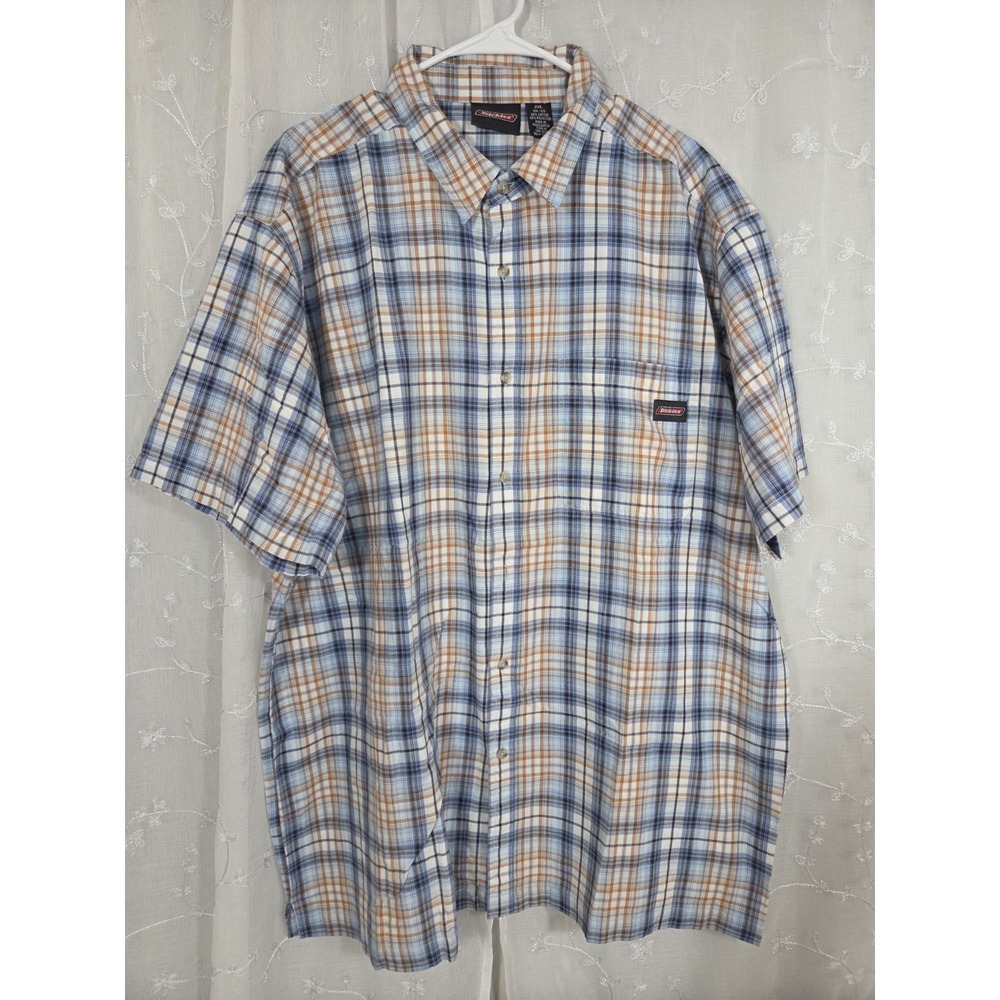 Dickies Lt Brown  Blue Plaid Button‎ Short Sleeve Shirt 2XL